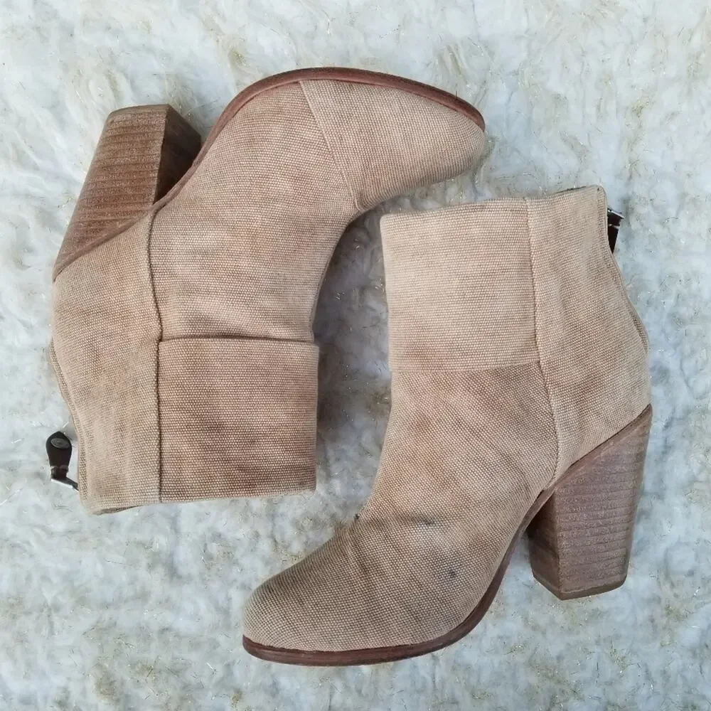 Rag & Bone Newbury Ankle Boot Size 7.5 Rear Zip Tan Canvas High Heeled Bootie